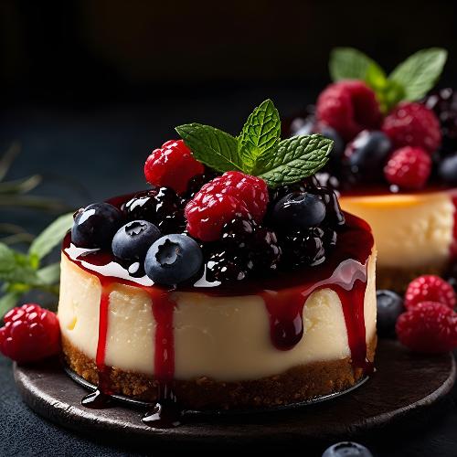 A cheesecake on a platter topped with a fruit compote and fresh mixed berries