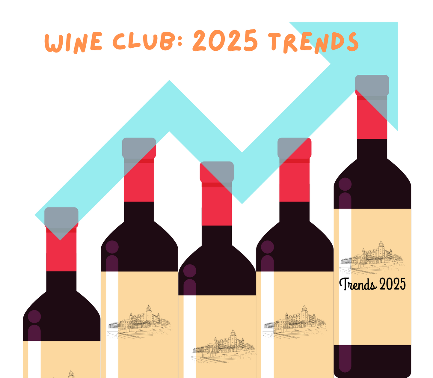 A collection of wine bottles with a superimposed upward trend graph.